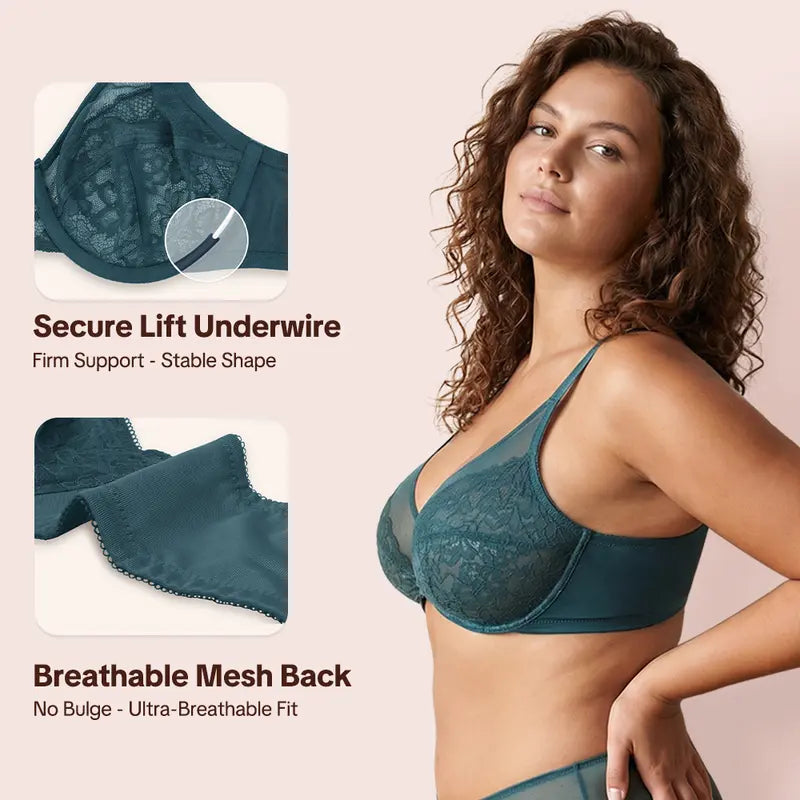 💜Enchante Floral Lace Plus Size Underwire Unlined Unpadded Minimizer Full Coverage Bra Women's Wear Comfortable Breathable Mesh Cup