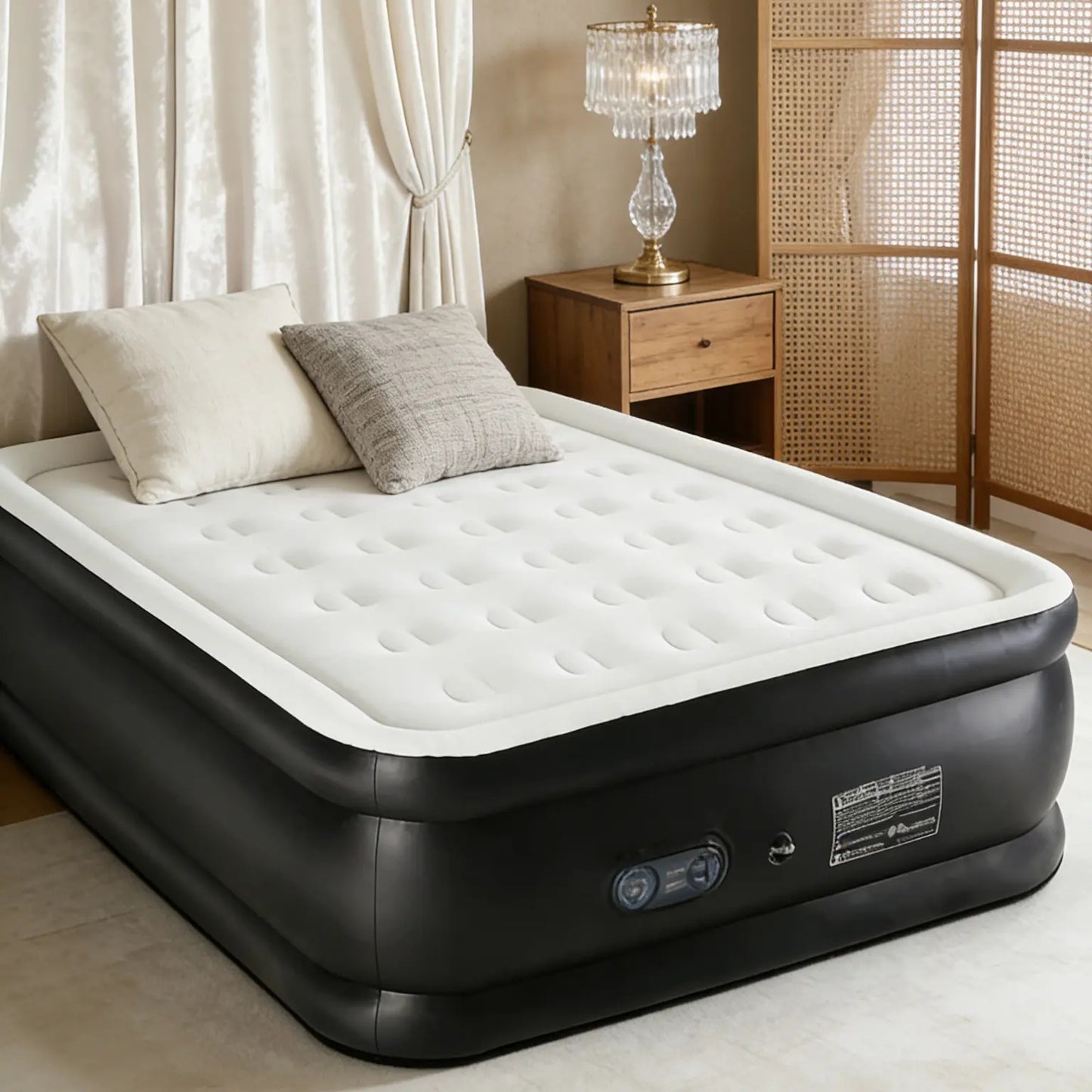 Portable air mattress with a built-in high-capacity air pump, double-layer raised design, and non-slip bottom; supports up to 660 pounds; ideal for camping and home use