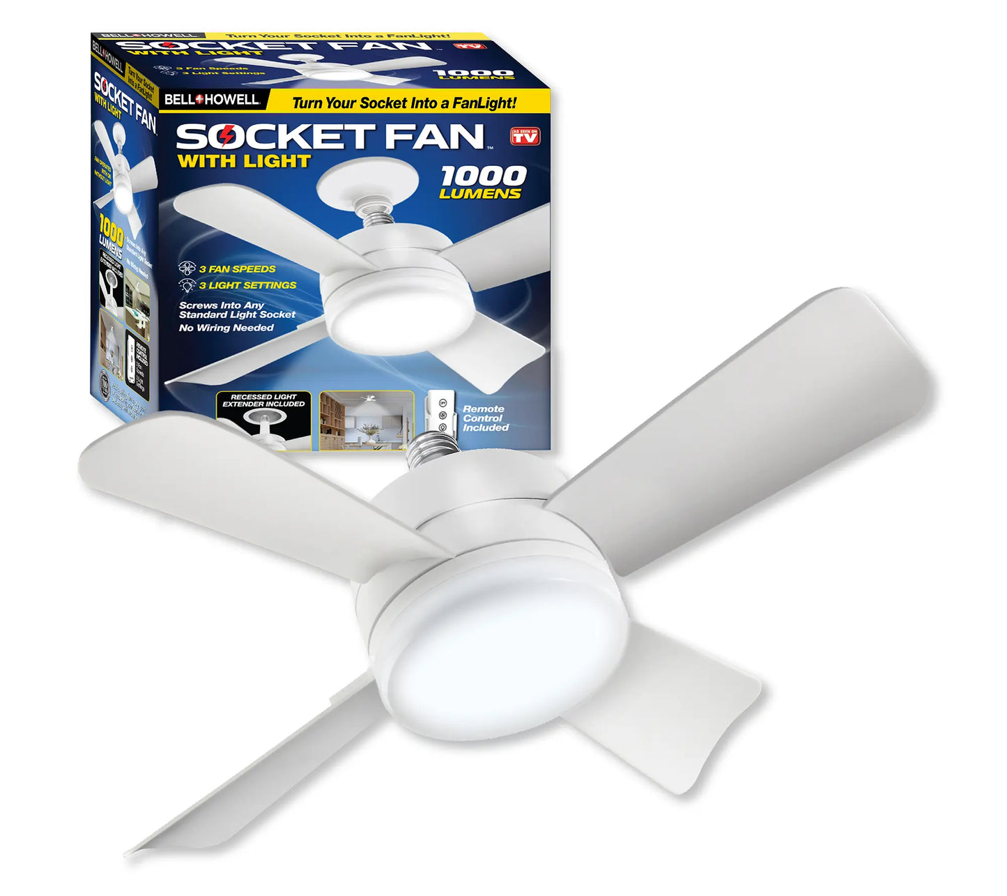 Bell & Howell 2-in-1 Socket Ceiling 3 Speed Fan & LED Light with Remote