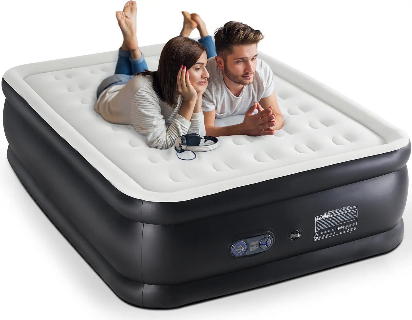 Portable air mattress with a built-in high-capacity air pump, double-layer raised design, and non-slip bottom; supports up to 660 pounds; ideal for camping and home use