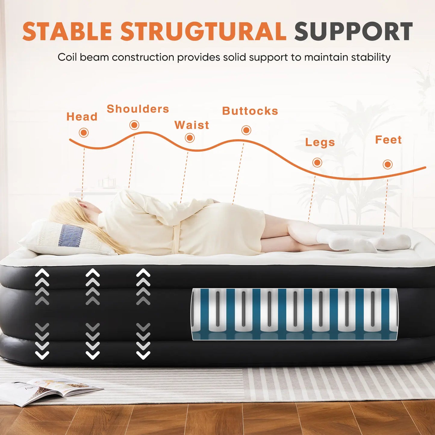 Portable air mattress with a built-in high-capacity air pump, double-layer raised design, and non-slip bottom; supports up to 660 pounds; ideal for camping and home use