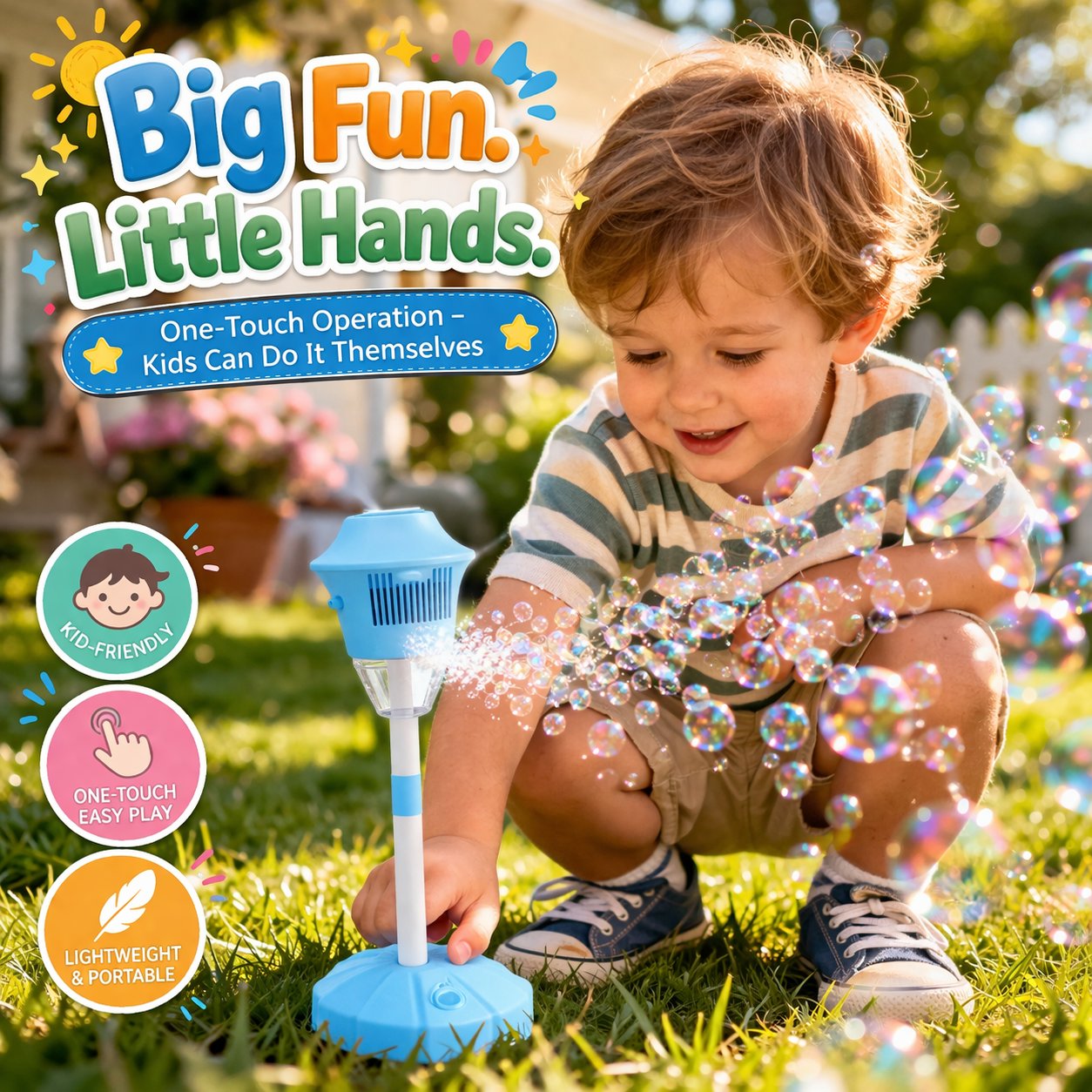 ✨ One-Button Bubble Machine – LED Lights, Day & Night Fun, for Kids & Parties