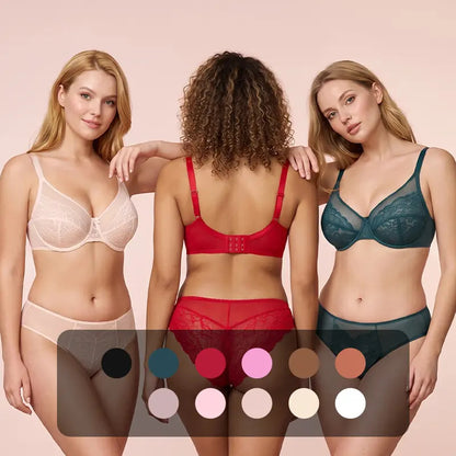 💜Enchante Floral Lace Plus Size Underwire Unlined Unpadded Minimizer Full Coverage Bra Women's Wear Comfortable Breathable Mesh Cup
