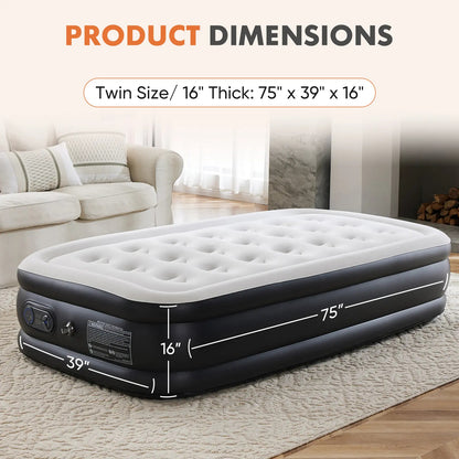 Portable air mattress with a built-in high-capacity air pump, double-layer raised design, and non-slip bottom; supports up to 660 pounds; ideal for camping and home use