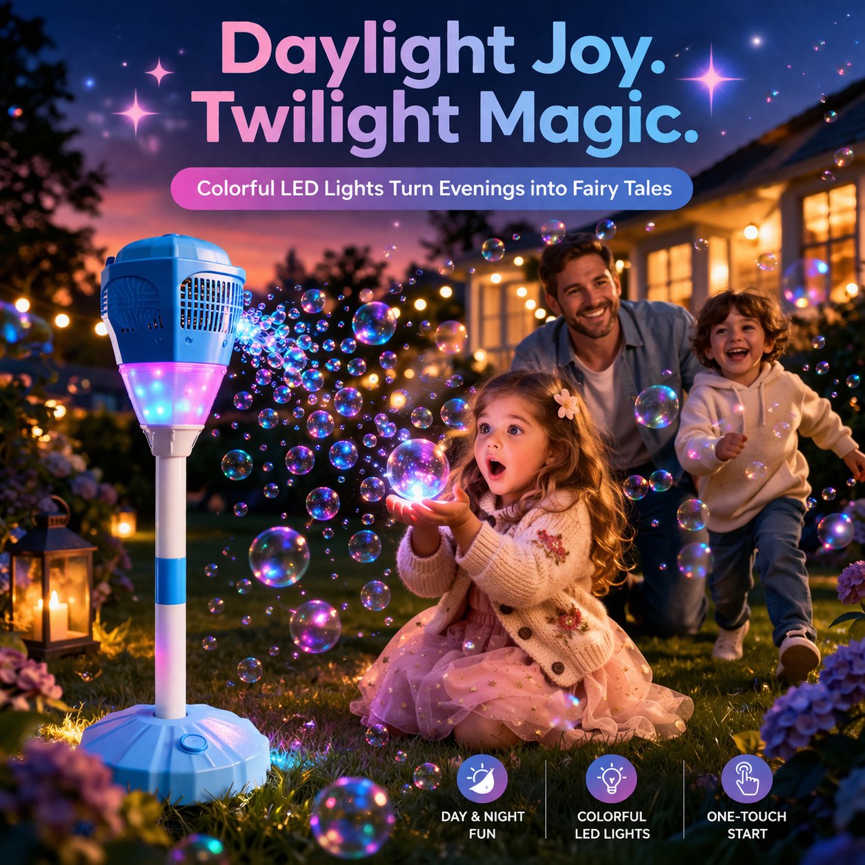 ✨ One-Button Bubble Machine – LED Lights, Day & Night Fun, for Kids & Parties