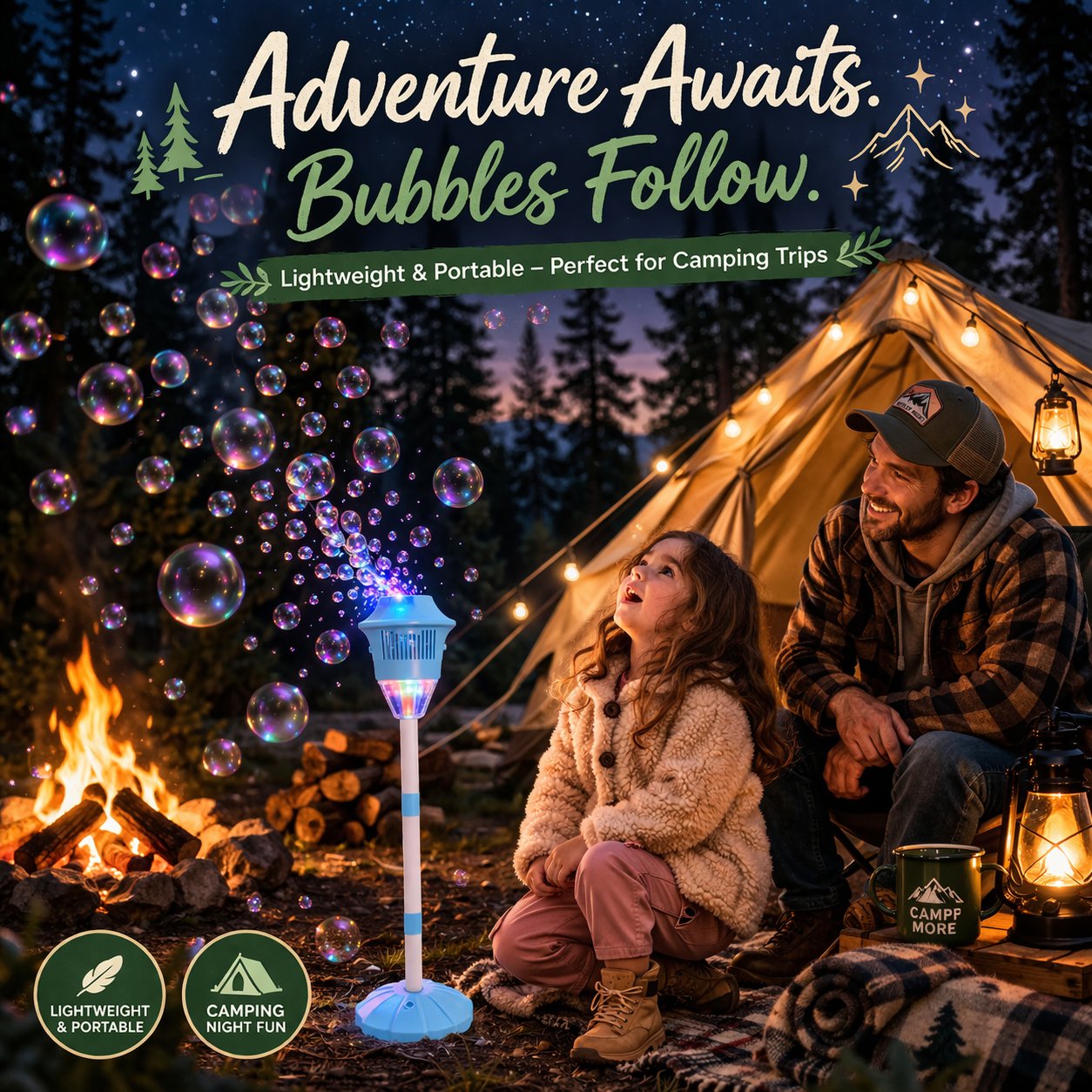 ✨ One-Button Bubble Machine – LED Lights, Day & Night Fun, for Kids & Parties